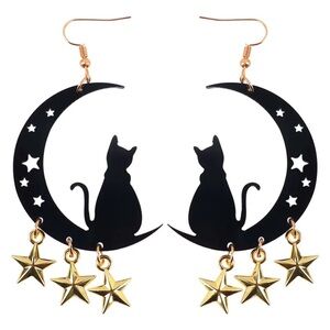 Cat Moon & Stars Dangle Earrings